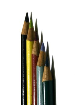 old coloured pencils isolated on white, black, yellow, red, blue, green