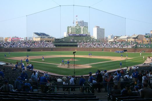 The Cubs home ballpark on a spring day, with brown ivy on the outfield wall