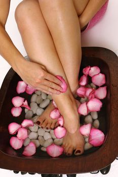 A pedispa begins with a foot soak, followed by exfoliation, hydrating mask and massage and finishes with a buff and polish