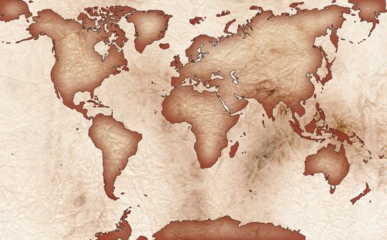 World map on old rugged paper