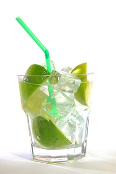 Caipirinha cocktail with lime on white background