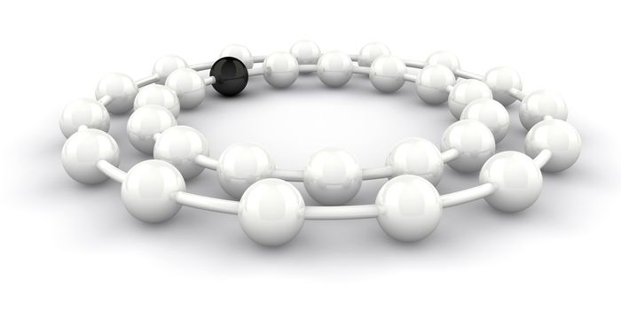 Two rings of white with one black ball, conceptual for teamwork, totherness