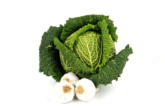 Single green cabbage with white garlic bulbs on a reflective white background