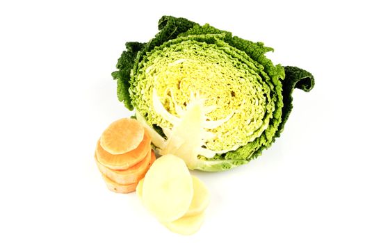 Half a raw green cabbage with potato and sweet potato slices on a reflective white background