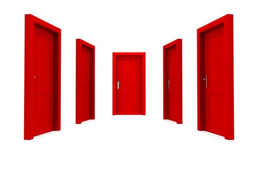 abstract hallway with five red closed doors