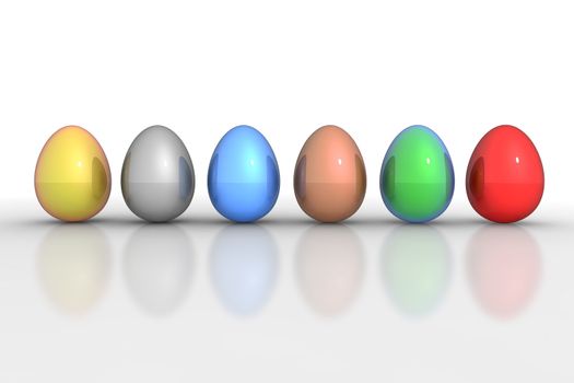 six metallic eggs ordered in a line - yellow, golden, grey, silver, blue, bronze, copper, green, red