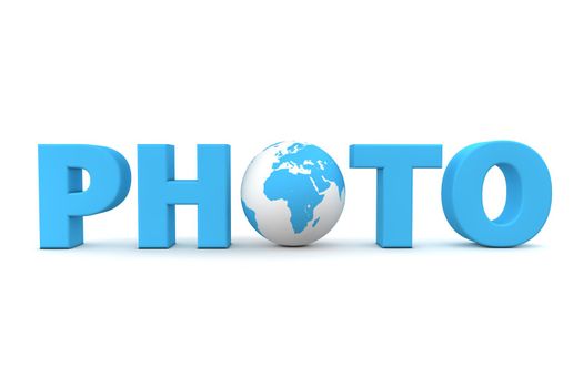blue word Photo with 3D globe replacing letter O