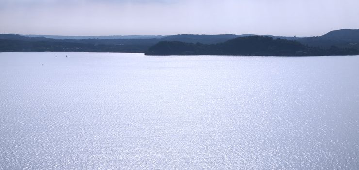 Calm coast of the lake under pink light