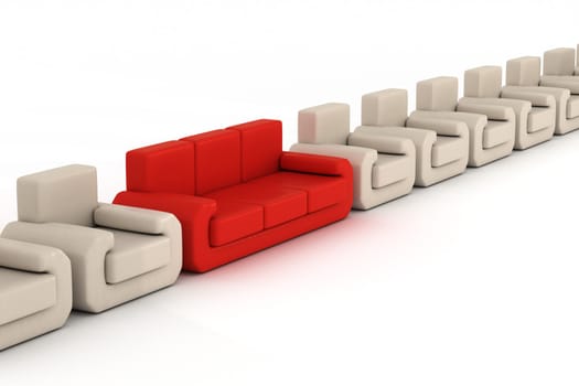 Row armchairs and red sofa on a white background. 3D image.