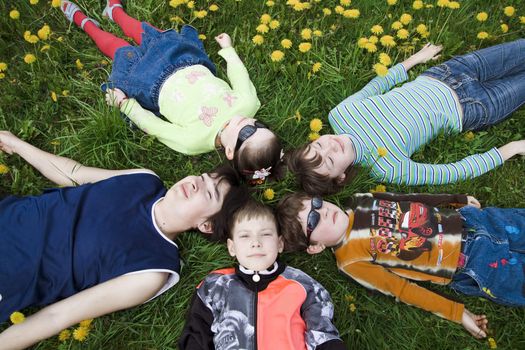 Children wearing sunglasses resting on the grass