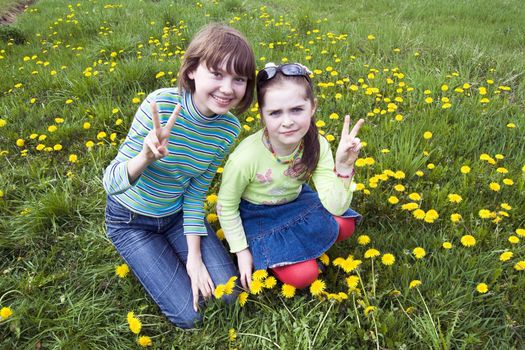 Portrait of happy girlfriends at field dandelion