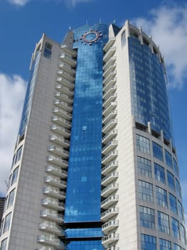 High Moscow blue building near the Bagration bridge at sunny day