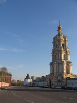 Beautiful orange orthodox Moscow church at sunny day