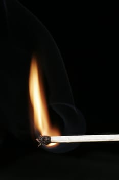 Burning Flame On A Single Matchstick On A Black Background