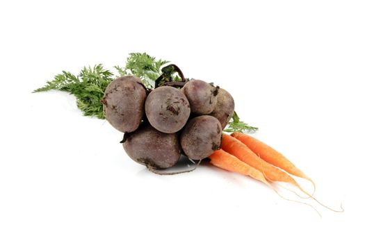 Bunch on raw crunchy carrots on a reflective white background