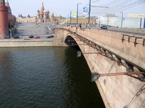 Car bridge over Moscow river at sunny day