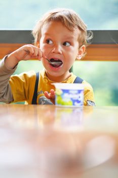 Little boy is eating yogurt, holding a spoon in his hand, sitting at the table .