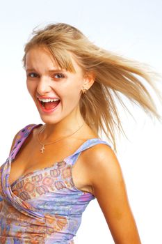 Shouting blond woman with hair flying on white background