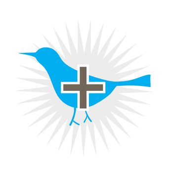 Social blue bird add icon with a plus sign isolated over white.