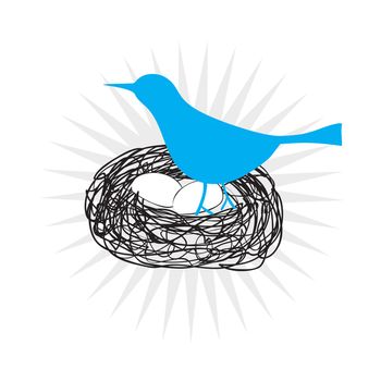 Blue bird icon sitting in a nest on its eggs isolated over white.