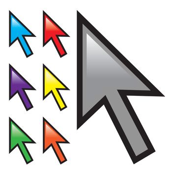 A collection of mouse arrow cursors isolated over white with multiple color options.