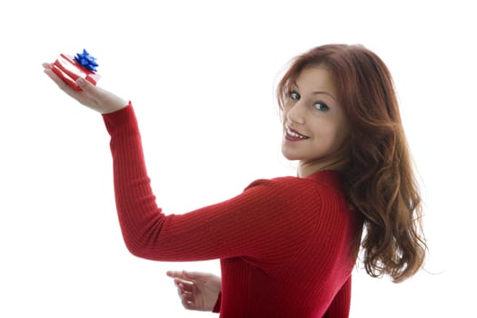 Beautiful woman with gift on white background