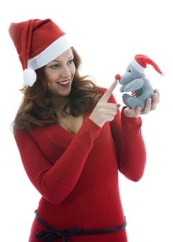Beautiful woman with gift on white background