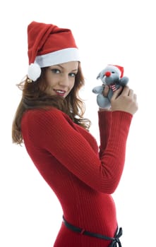 Beautiful woman with gift on white background