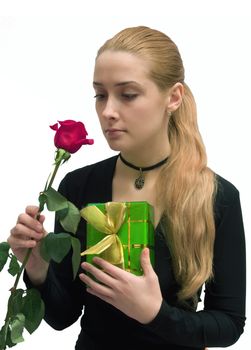 beauty Girl with red rose on white. Isolated