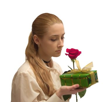 beauty Girl with red rose on white. Isolated