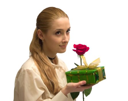 beauty Girl with red rose on white. Isolated