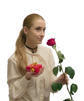 beauty Girl with red rose on white. Isolated