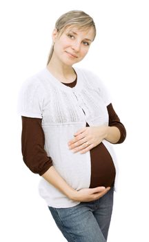 Pregnant woman isolated over white, last trimester