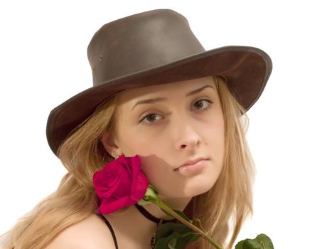 beauty Girl with red rose on white. Isolated