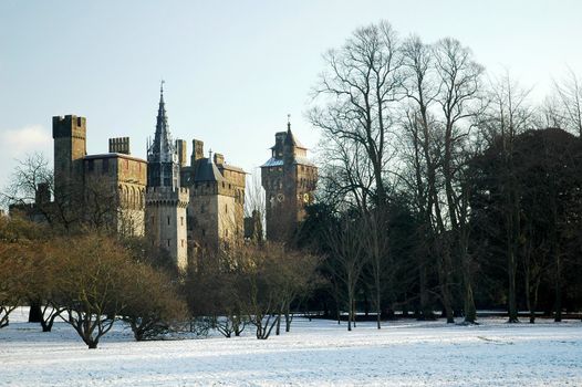 snowy cardiff park with castle, treesi, horizontally framed picture