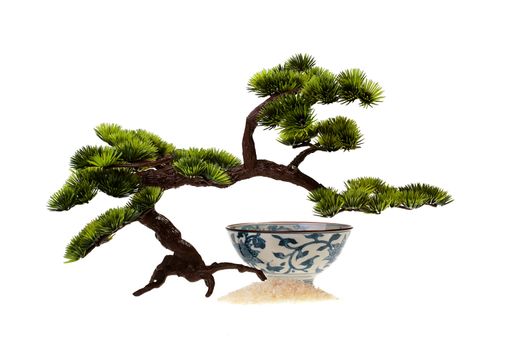 Symbols of culture of east countries: rice, bonsai and teabowl.