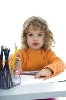 Beautiful little girl with pencils on isolated background