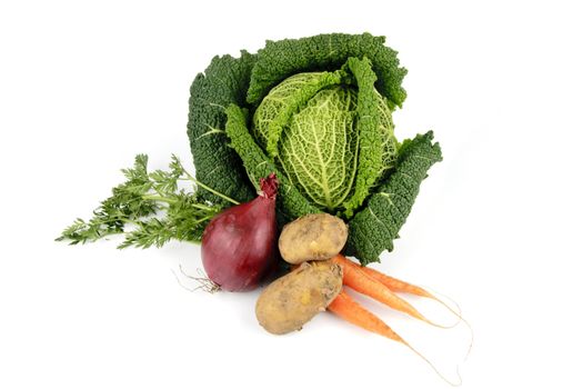 Single green raw cabbage with a single red onion, potatoes and carrots on a reflective white background