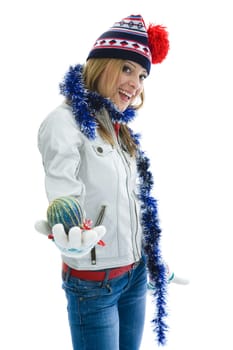 Beautiful woman with christmas decoration on isolated background