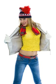 Beautiful blonde in yellow blouse on isolated background