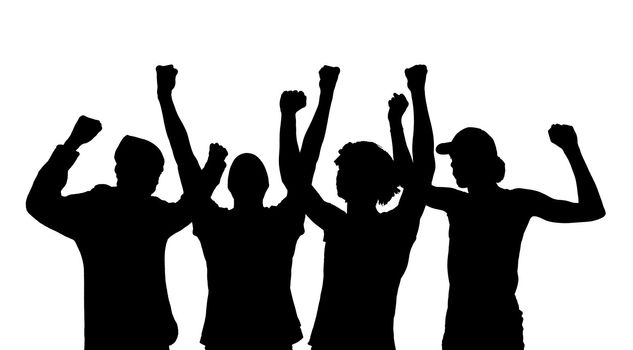 Silhouette of cheering people isolated on a white background