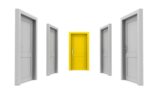 abstract hallway with closed gray doors - one closed yellow door at the end of the corridor