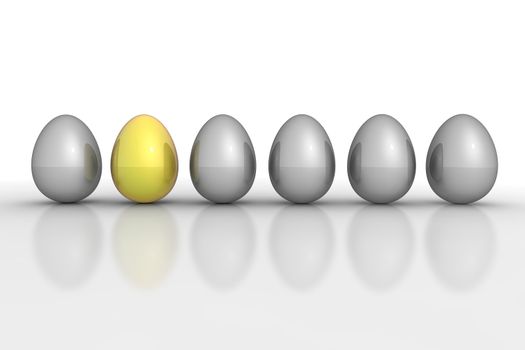 six metallic eggs ordered in a line - five eggs grey, one egg golden yellow