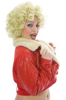 Blonde in red jacket on isolated background