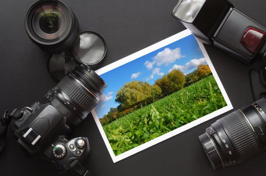 dslr camera lens and image on black background