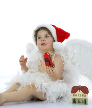 Little angel with car and house on isolated background