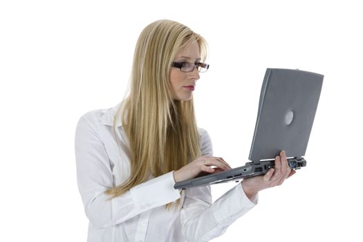 business woman and laptop on white background
