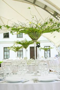 The white celebratory table decorated by floral artists