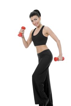beautiful girl with dumbbells on  isolated background
