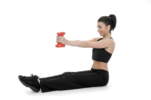 beautiful girl with dumbbells on  isolated background